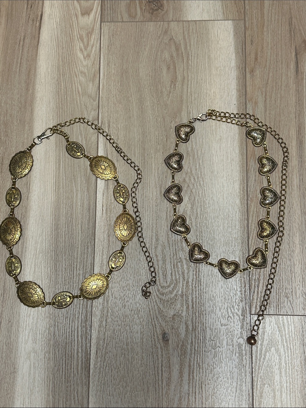 Gold Tone Chain Belt Lot of 2 - Western Concho Engraved Oval & Ornate Heart